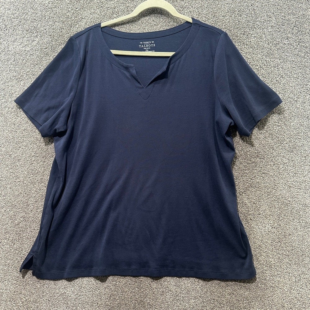 Talbots T-Shirt Top Women 2X Petite‎ Blue Pima Cotton Split Neck Tee Minimalist